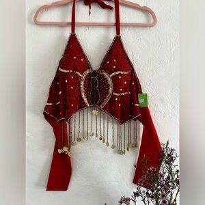 Red Beaded Fringe Halter Top
